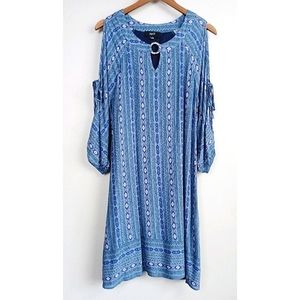 Naif Boho Midi Dress Long Split Sleeve Casual Tunic Blue Rayon Size Large